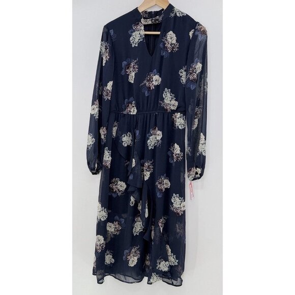 Xhilaration Floral Print Long Sleeve V-Neck Tiered Ruffle Dress Navy Size M Boho - Picture 1 of 9